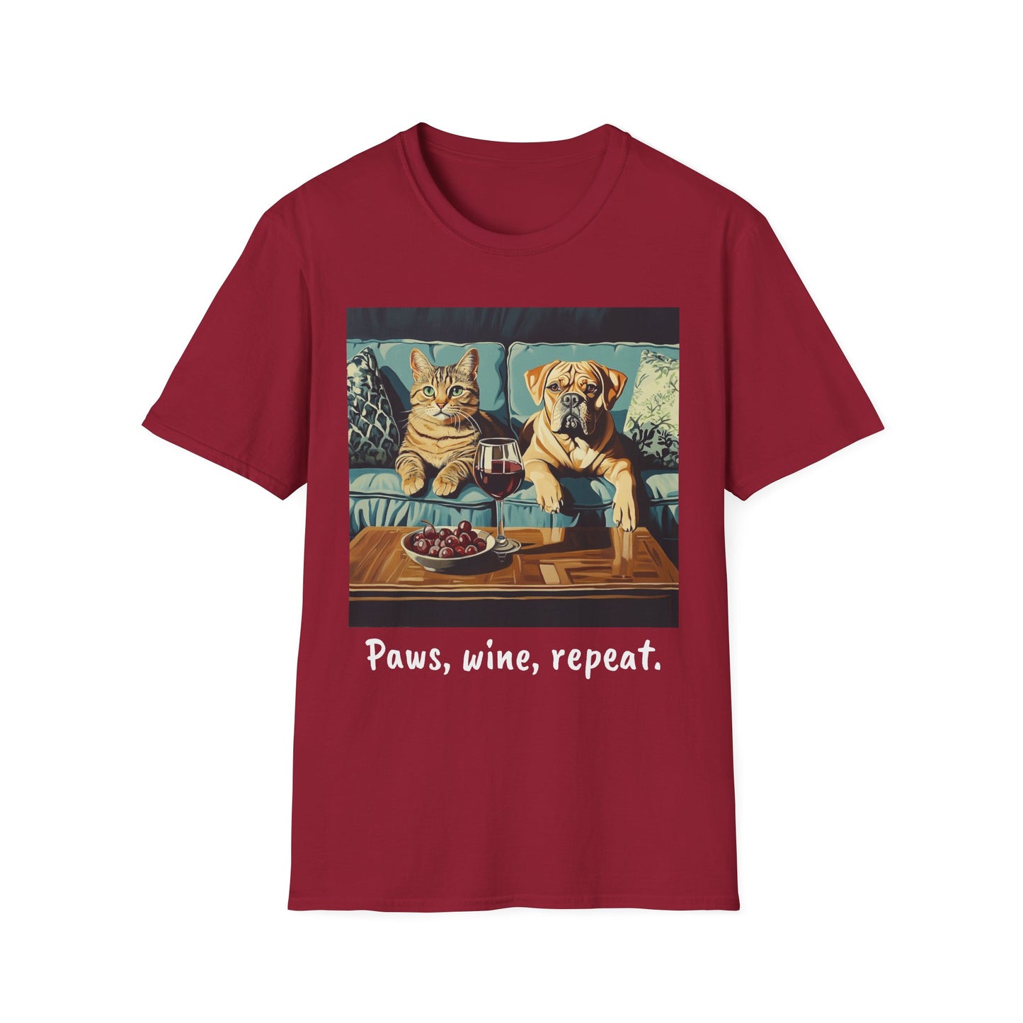 "Paws, wine, repeat"  Softstyle T-Shirt