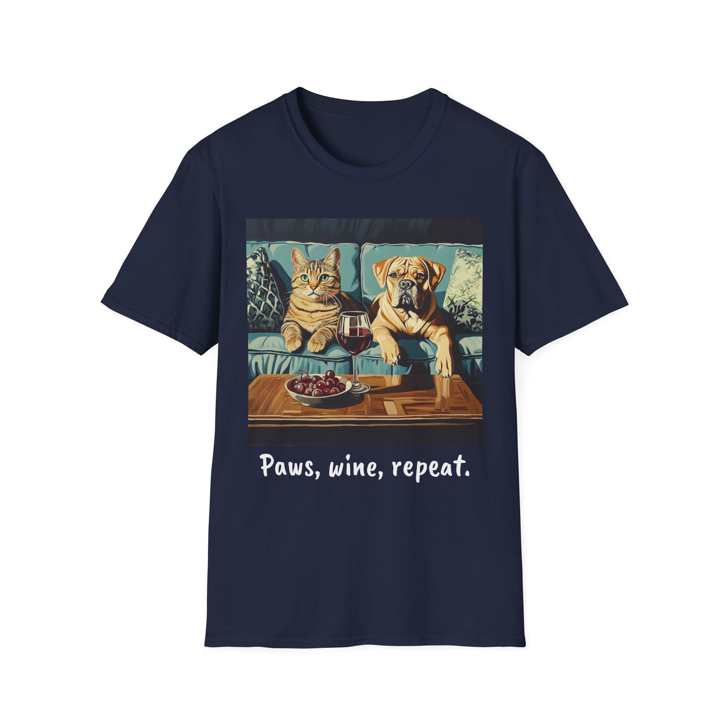 "Paws, wine, repeat"  Softstyle T-Shirt